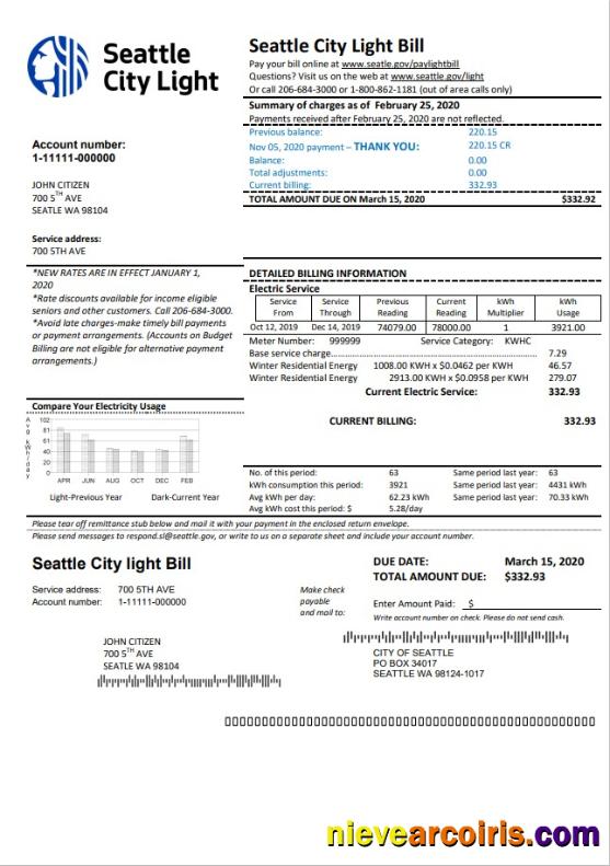 USA Washington Seattle City Light utility bill